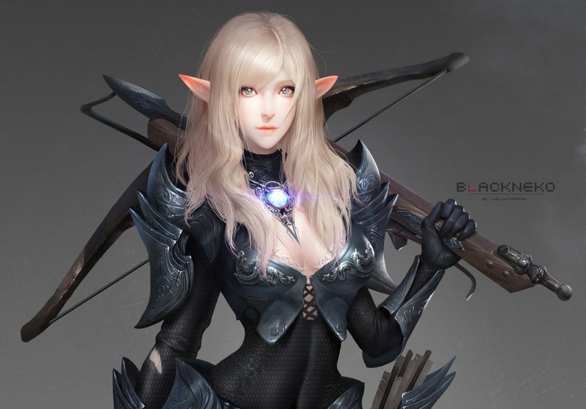 armor armored_boots artist_name blonde_hair bolt boots bow_(weapon) bra breasts chainmail cleavage covered_navel crossbow detached_collar dual_wielding elf full_body green_eyes holding lace lace-trimmed_bra lips long_hair medium_breasts neko_(314089734) original pointy_ears shoulder_armor skin_tight solo spaulders underwear vambraces wavy_hair weapon