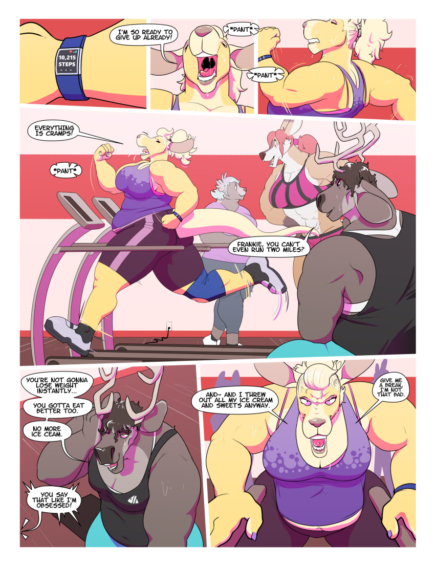 5_fingers anthro antlers black_hair blonde_hair clothed clothing comic english_text female frank_westerveldt fully_clothed group hair horn inside kangaroo mammal marsupial overweight ritts running side_view solo_focus speech_bubble standing sweat text