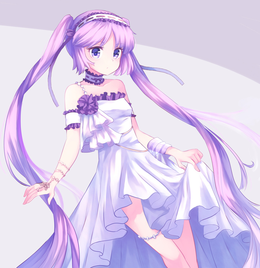 arm_garter bangs bare_shoulders blush breasts choker closed_mouth collarbone commentary_request corsage cowboy_shot dress euryale eyebrows_visible_through_hair fate/hollow_ataraxia fate_(series) frilled_choker frilled_dress frills hairband highres jewelry lolita_hairband long_hair looking_at_viewer parted_bangs purple_eyes purple_hair ribbon sidelocks sleeveless sleeveless_dress small_breasts solo twintails very_long_hair white_dress yanaki_(yngaailg)