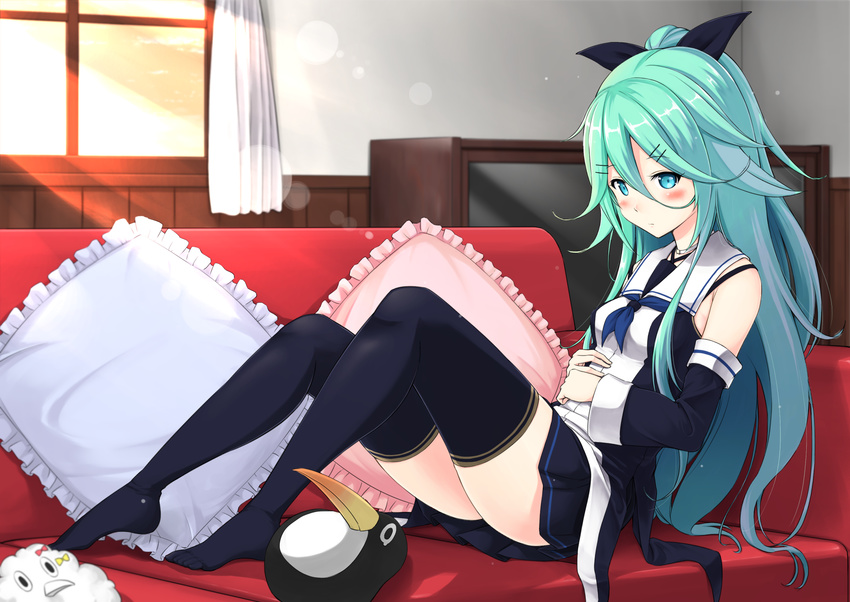 bangs bare_shoulders black_legwear black_ribbon black_skirt blue_neckwear blush breasts commentary_request couch cushion detached_sleeves failure_penguin from_side full_body hair_between_eyes hair_ornament hair_ribbon hairclip highres indoors kantai_collection lens_flare long_hair looking_at_viewer miss_cloud neckerchief parted_bangs pleated_skirt ponytail ribbon school_uniform sidelocks sitting skirt small_breasts solo stuffed_toy thighhighs window wooden_wall yamakaze_(kantai_collection) yuuki_kazuhito zettai_ryouiki