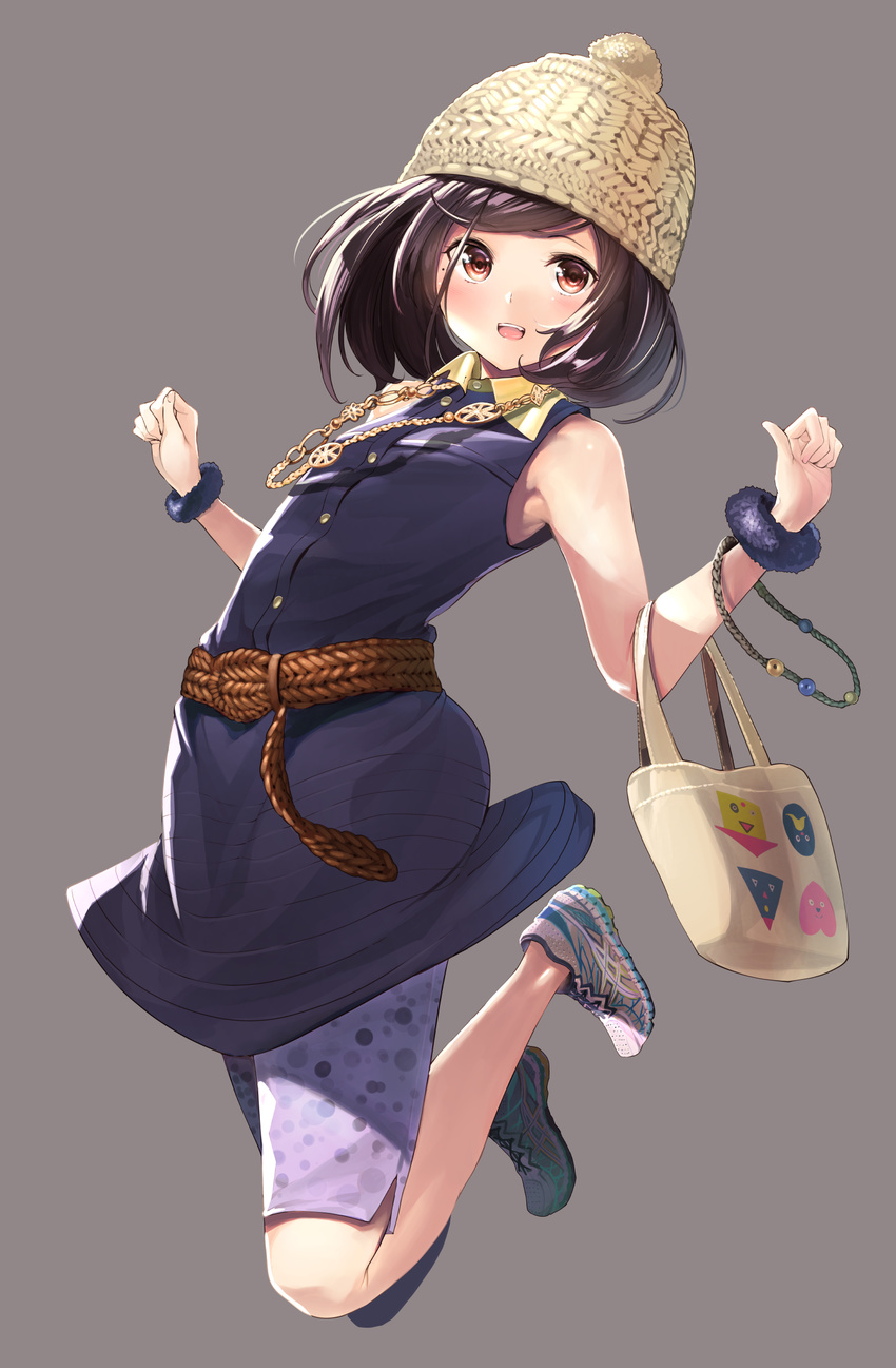 :d armpits bag bangs bare_shoulders beanie belt bobblehat buttons dress eyelashes fingernails flat_chest full_body fur_trim furukawa_itsuse hat heart heart_print highres jewelry jumping looking_at_viewer mole mole_under_eye necklace no_socks open_mouth original print_shorts purple_shorts red_eyes shoes short_dress shorts simple_background sleeveless sleeveless_dress smile sneakers solo swept_bangs wrist_cuffs