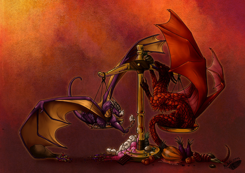 2016 claws detailed_scales digital_media_(artwork) dragon duo feral membranous_wings natoli nude purple_skin red_scales scales smile wings