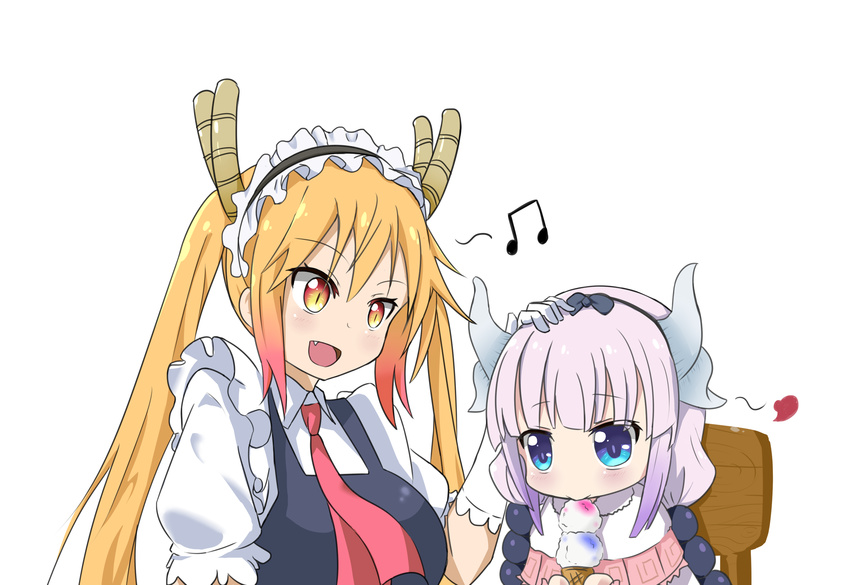 :d beads beamed_eighth_notes blonde_hair blue_eyes commentary_request dragon_girl dragon_tail eating fang food gloves gradient_hair hair_beads hair_ornament hairband highres horns ice_cream kaiven kanna_kamui kobayashi-san_chi_no_maidragon lavender_hair long_hair looking_at_another maid maid_headdress multicolored_hair multiple_girls musical_note necktie open_mouth orange_eyes petting slit_pupils smile tail tooru_(maidragon) twintails upper_body white_gloves