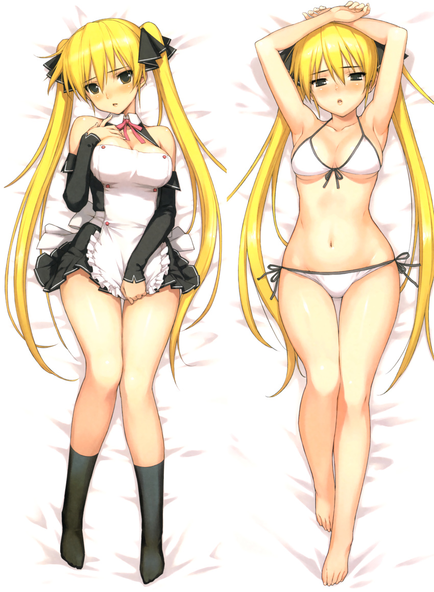 absurdres arms_up bare_legs barefoot bikini black_legwear blonde_hair blush breasts brown_eyes cleavage cleavage_cutout cropped dakimakura detached_sleeves dream_c_club dream_c_club_(series) front-tie_bikini front-tie_top full_body hair_between_eyes hair_ribbon hand_on_own_chest head_tilt highres large_breasts long_hair looking_at_viewer lying mian_(dream_c_club) morisawa_haruyuki multiple_views navel on_back parted_lips ribbon side-tie_bikini skirt skirt_tug socks swimsuit twintails very_long_hair white_bikini