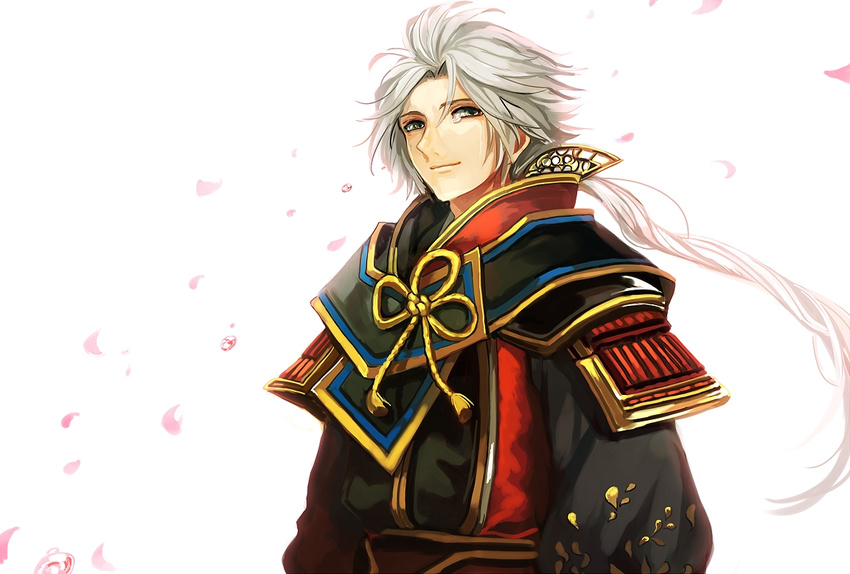 armor bangs closed_mouth crying crying_with_eyes_open grey_eyes grey_hair japanese_armor japanese_clothes light_background long_hair long_sleeves looking_at_viewer low_ponytail male_focus md5_mismatch nana_(nanalog76) parted_bangs petals ponytail sad sanada_nobuyuki_(sengoku_musou) sengoku_musou simple_background smile solo tears white_background wind