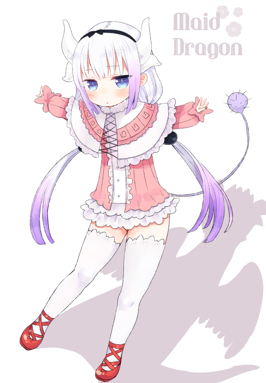 beads blue_eyes capelet commentary_request copyright_name different_shadow dragon dragon_girl dragon_horns frills full_body fur_trim gradient_hair hair_beads hair_ornament hairband highres horns kanna_kamui kanna_kamui_(dragon)_(maidragon) kobayashi-san_chi_no_maidragon long_hair looking_at_viewer multicolored_hair nagiki_kanae outstretched_arm purple_hair sidelocks solo tail thighhighs twintails very_long_hair white_hair white_legwear zettai_ryouiki
