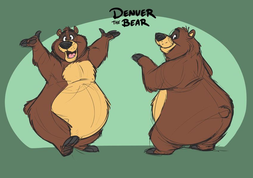 2017 3_toes 4_fingers anthro barefoot bear belly big_belly biped black_claws black_eyes black_nose brown_fur brown_tail claws denver_the_bear digital_media_(artwork) eligecos eyebrows fangs featureless_crotch fur green_background guide_lines happy looking_at_viewer looking_back male mammal model_sheet multicolored_fur multiple_poses naturally_censored nude open_mouth overweight overweight_male pink_tongue plantigrade pose raised_arm raised_hands short_tail simple_background sketch small_tail smile snout solo standing tan_belly tan_fur toe_claws toes tongue toony two_tone_fur