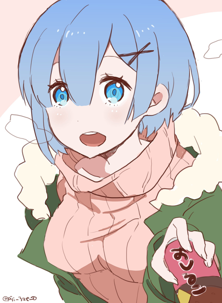 absurdres bad_id bad_twitter_id bangs blue_eyes blue_hair breasts can coat collarbone fingernails green_coat green_jacket hair_between_eyes hair_ornament highres holding jacket looking_at_viewer medium_breasts open_mouth parted_bangs pink_sweater re:zero_kara_hajimeru_isekai_seikatsu rem_(re:zero) short_hair simple_background solo sweater white_background