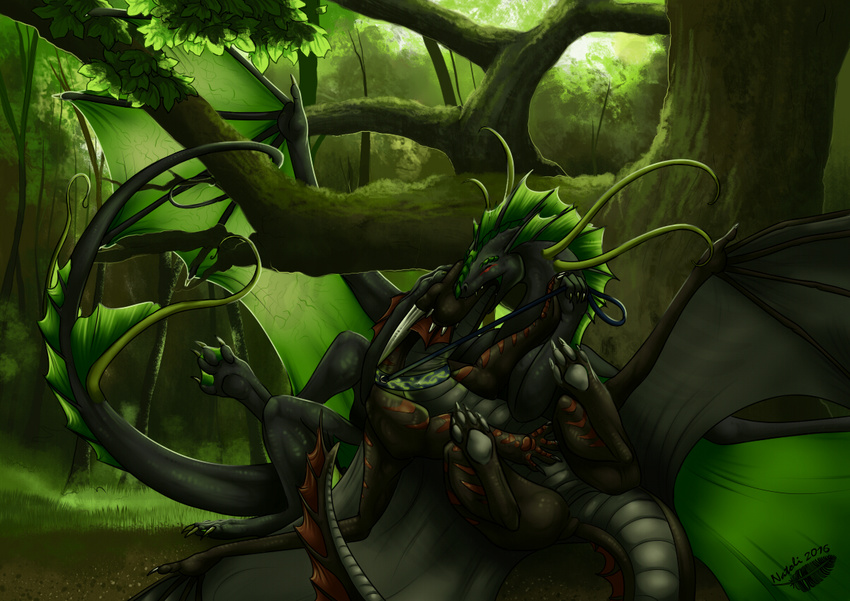 2016 day detailed_background digital_media_(artwork) dragon duo feral forest horn kissing mates membranous_wings natoli outside spines tree wings