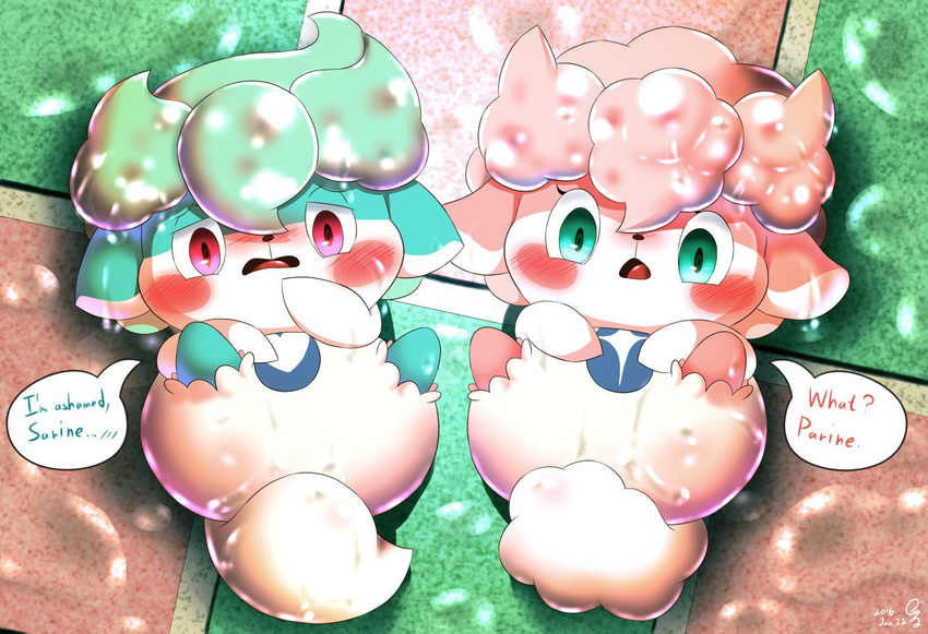 &lt;3 blue_eyes blue_fur blush clothing cocotama duo female fur himitsu_no_cocotama lying male open_mouth panties parine pink_fur red_eyes sarine spread_legs spreading sweat text tile tongue underwear water wet zeru_(ma)