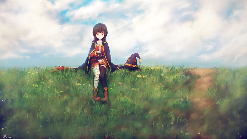 artist_name bandaged_leg bandages bangs black_hair black_legwear boots bow cape chomusuke closed_mouth cloud cloudy_sky creature cross-laced_clothes day dress fingerless_gloves flat_chest gloves grass hat hat_removed headwear_removed kono_subarashii_sekai_ni_shukufuku_wo! looking_at_viewer megumin nishi_yasuaki on_ground outdoors petting pigeon-toed red_bow red_dress red_eyes red_footwear road short_dress signature single_thighhigh sky smile staff thighhighs witch_hat