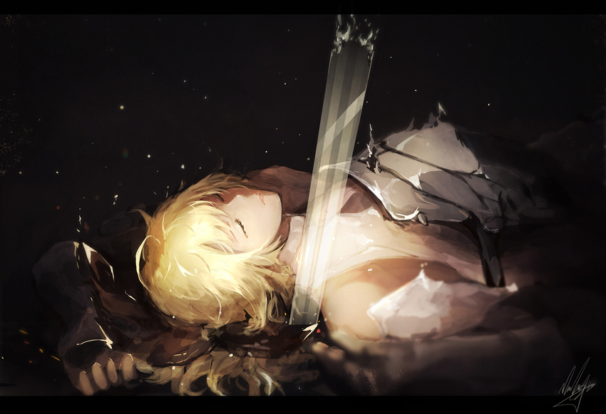 armor artoria_pendragon_(all) bare_shoulders blonde_hair bow breastplate closed_eyes fate/unlimited_codes fate_(series) gorget hair_bow highres lips long_hair lying marumoru on_back saber saber_lily solo