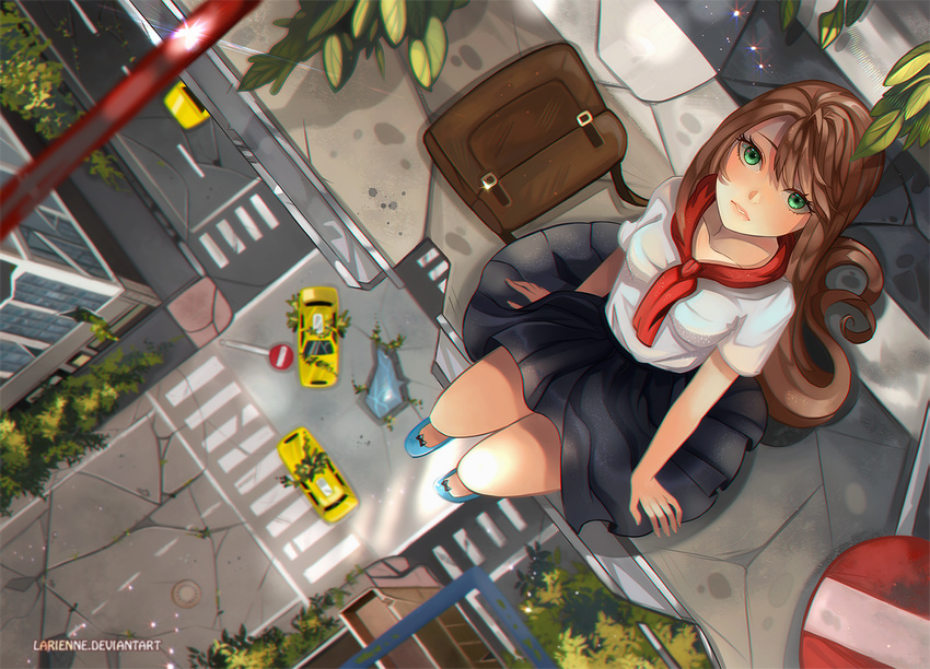 artist_name black_skirt blue_footwear brown_hair commentary from_above green_eyes larienne lips long_hair long_skirt looking_at_viewer looking_up original pleated_skirt post-apocalypse revision school_uniform shoes skirt solo star taxi watermark