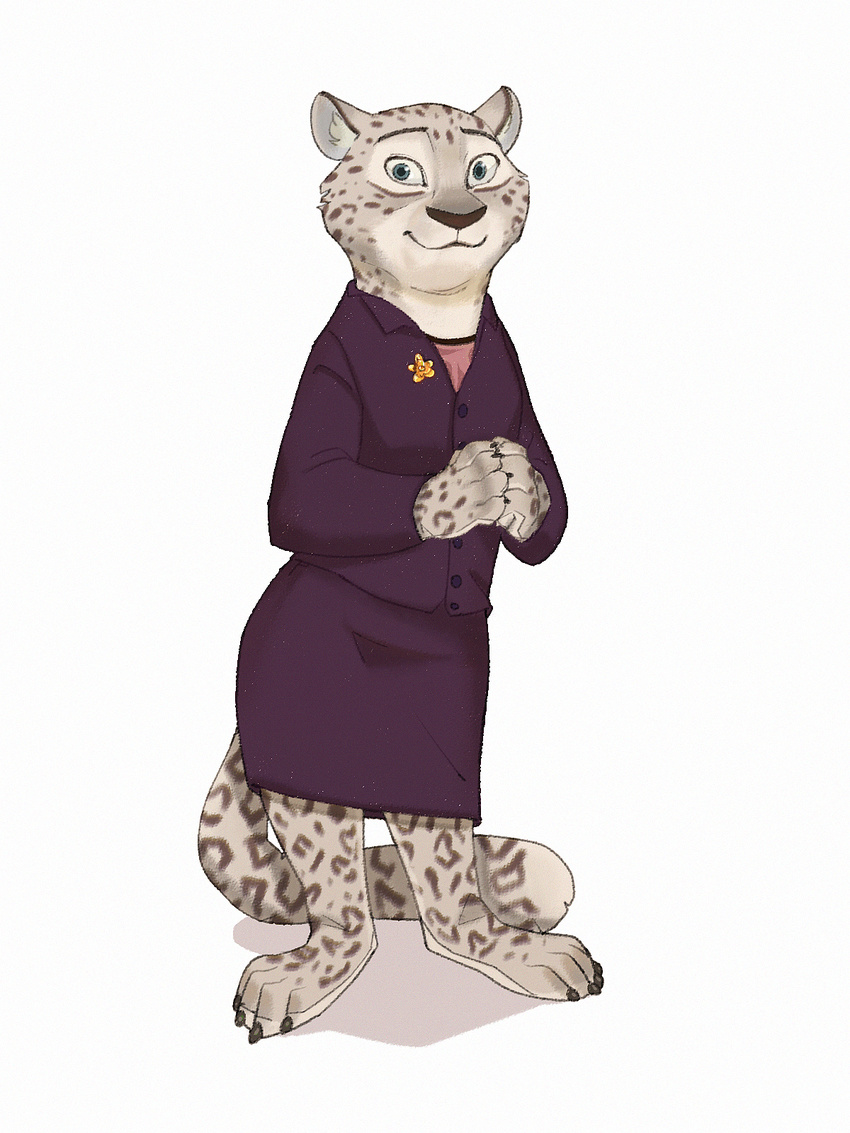 anthro blue_eyes clothed clothing disney fabienne_growley feline female flower fur hi_res junyoi leopard mammal plant simple_background smile snow_leopard solo spots spotted_fur white_background zootopia