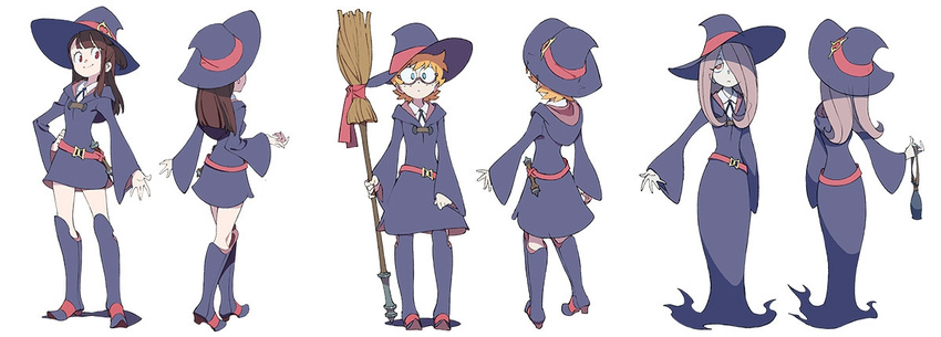 3girls akko_kagari broom female little_witch_academia lotte_yanson multiple_girls sucy_manbabalan witch_hat