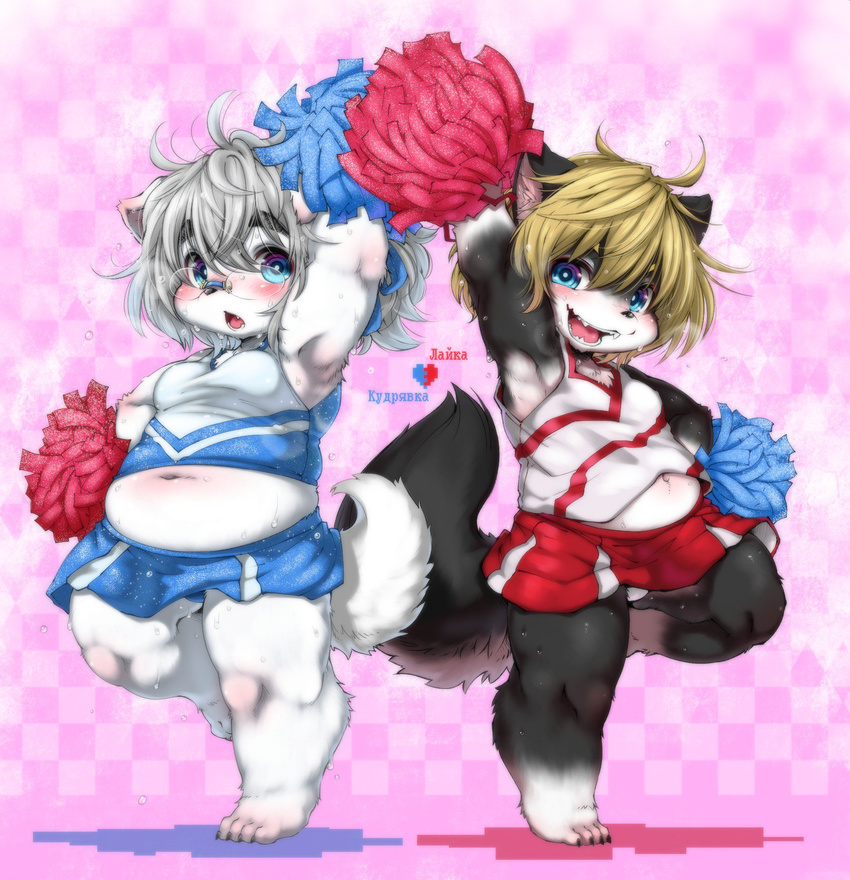 2girls blonde_hair blue_eyes cheerleader dog furry glasses multiple_girls rai-rai short_hair white_hair