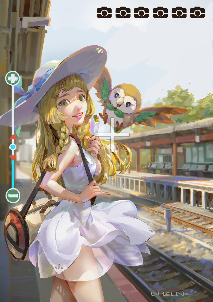 artist_name bag bite_mark blonde_hair blue_ribbon braid day dress gen_7_pokemon green_eyes grin hat hat_ribbon highres lillie_(pokemon) long_hair open_mouth outdoors parted_lips poke_ball_print pokemon pokemon_(creature) pokemon_(game) pokemon_sm railroad_tracks realistic ribbon rowlet shaded_face shengyi_sun shoulder_bag sleeveless sleeveless_dress smile solo standing sun_hat teeth train_station vanishing_point viewfinder white_dress white_hat