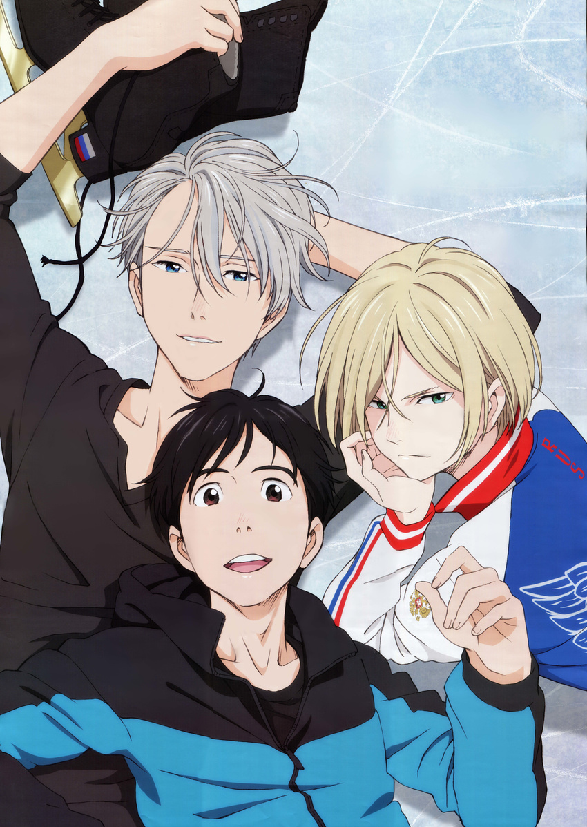 absurdres black_hair blonde_hair blue_eyes brown_eyes chin_rest green_eyes highres hiramatsu_tadashi ice_skates incredibly_absurdres jacket katsuki_yuuri lying male_focus multiple_boys official_art on_back on_stomach open_mouth scan silver_hair skates smile track_jacket viktor_nikiforov yuri!!!_on_ice yuri_plisetsky