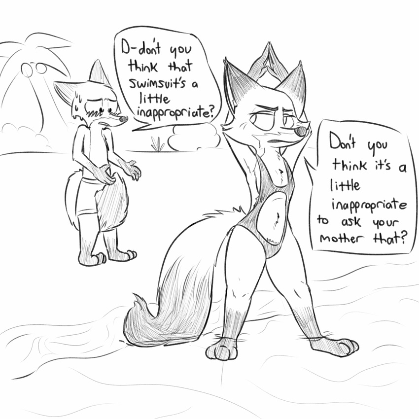anthro beach blush canine clothing dialogue dipstick_ears dipstick_tail disney duo female fox fur hi_res male mammal monochrome mother mrs_wilde multicolored_tail nick_wilde parent seaside son speech_bubble sweat swimsuit text visiti water zootopia
