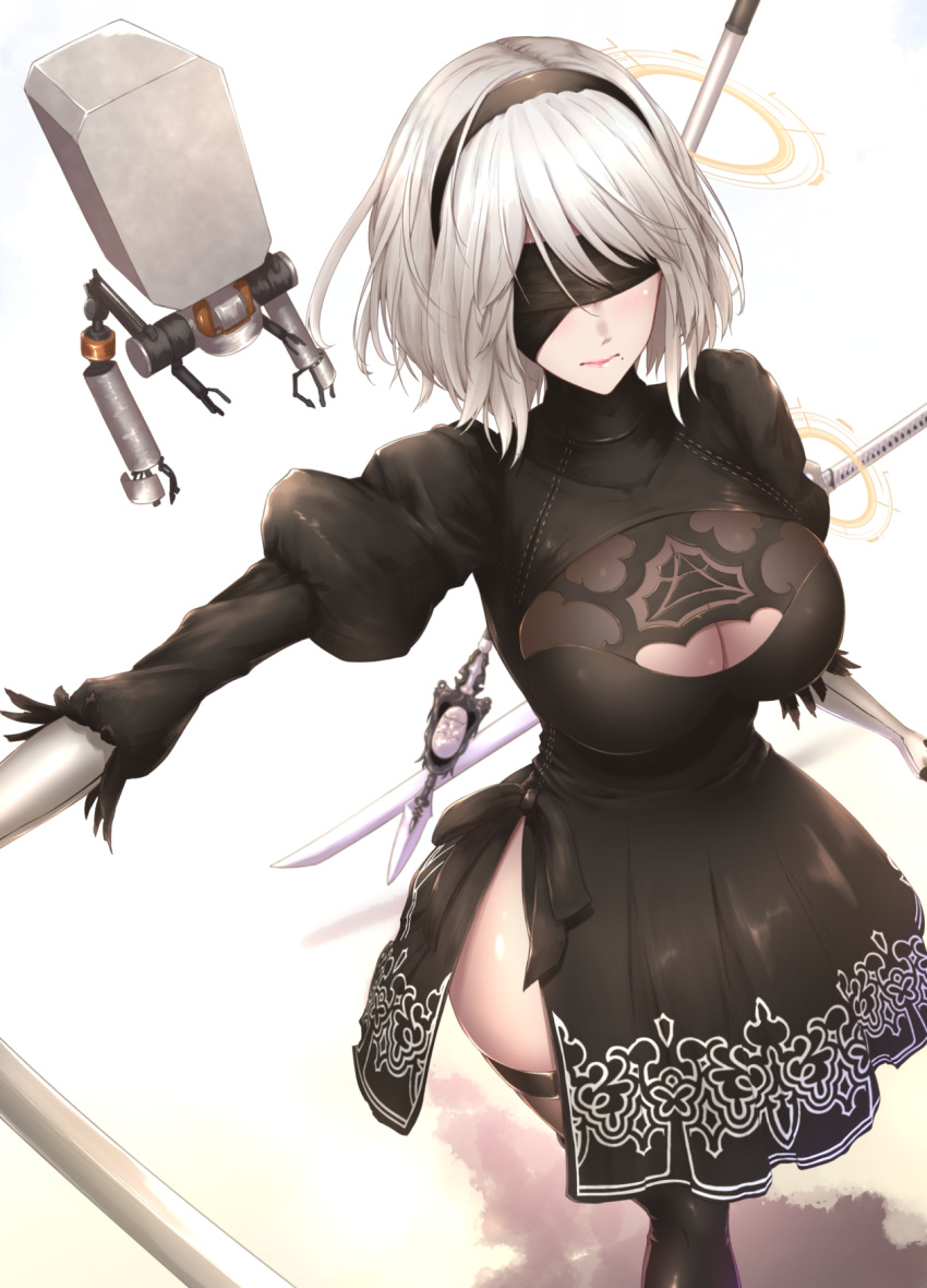 1girl bangs black_dress black_footwear black_legwear blindfold boots breasts cleavage closed_mouth commentary_request dress drone feather_trim hairband highres holding holding_weapon large_breasts lips long_sleeves mole mole_under_mouth nier_(series) nier_automata pod_(nier_automata) puffy_sleeves robot shiny shiny_clothes shiroshisu short_hair side_slit simple_background soul_calibur sword thigh_boots thighhighs turtleneck weapon white_hair yorha_no._2_type_b