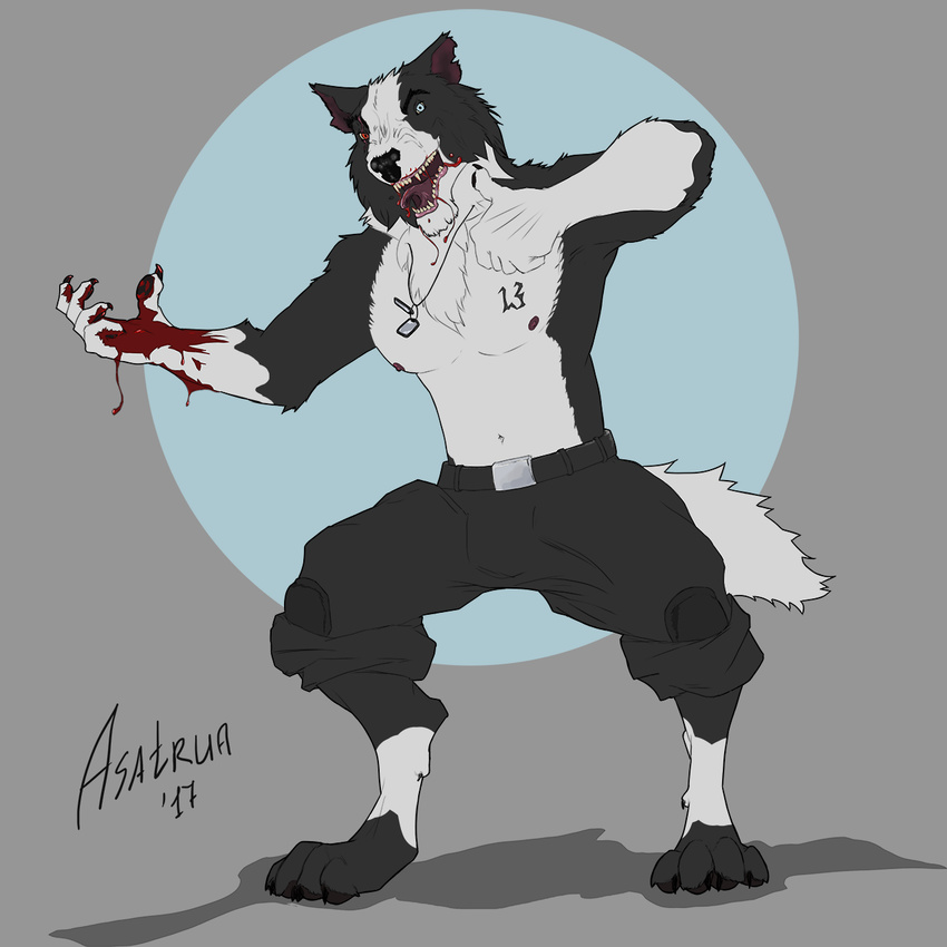 2017 angry anthro asatrua blood blue_eyes bulge canine claws clothing dog dog_tags fangs fur grey_fur invalid_tag male mammal nipples notched_ear pants red_eyes scar short_tail solo tattoo violence white_fur