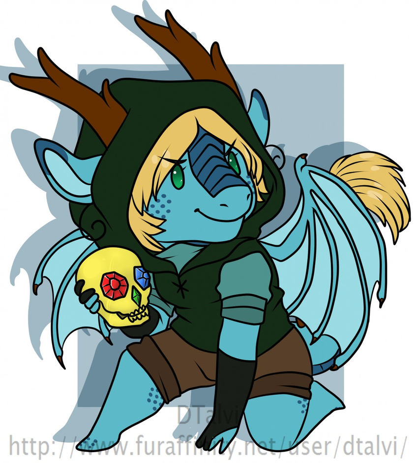 ambiguous_gender anthro antlers chibi clothed clothing dragon dtalvi hoodie horn skull smile solo wings