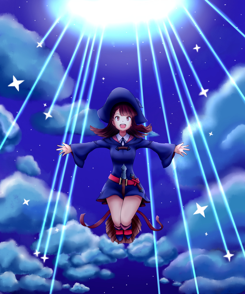 :d absurdres belt between_legs blacky blue_cloak blue_footwear blue_hat blue_ribbon blue_skirt broom broom_riding cloak cloud collared_shirt commentary_request flying happy hat highres kagari_atsuko little_witch_academia long_hair long_sleeves neck_ribbon night night_sky open_mouth outstretched_arms red_belt red_eyes red_hair red_ribbon red_stripes ribbon round_teeth shirt shoes shooting_star skirt sky smile solo spread_arms star_(sky) starry_sky teeth white_shirt wide_sleeves witch witch_hat