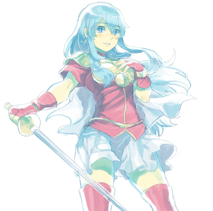 aisutabetao blue_hair eirika fire_emblem fire_emblem:_seima_no_kouseki highres holding holding_weapon long_hair looking_at_viewer open_mouth rapier simple_background solo sword weapon white_background