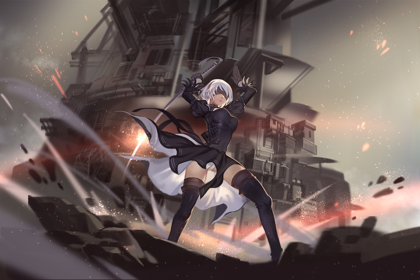 afra arms_up bangs black_dress black_footwear black_gloves black_hairband black_legwear blindfold boots breasts building closed_mouth cross-laced_clothes debris dress gloves glowing hairband holding holding_sword holding_weapon legs_apart light_particles long_sleeves medium_breasts motion_blur nier_(series) nier_automata no_mole outdoors palms puffy_sleeves short_hair silver_hair solo standing swept_bangs sword thighhighs underwear upskirt vambraces weapon white_hair wind yorha_no._2_type_b