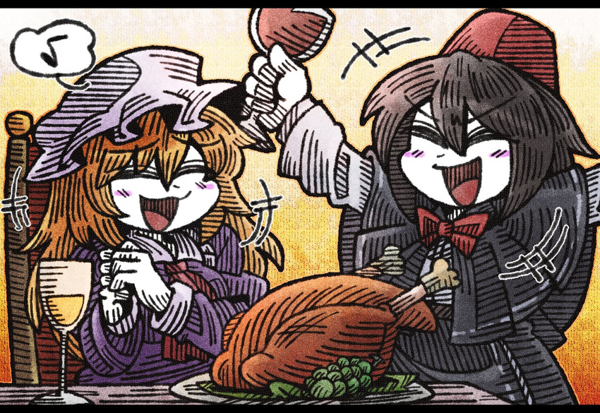 2girls ^_^ ascot black_hair black_skirt blonde_hair blush_stickers bow bowtie capelet chicken_(food) closed_eyes cup dress drinking_glass eighth_note fez_hat food fruit gradient gradient_background grapes hair_between_eyes hat letterboxed line_shading long_hair long_sleeves maribel_hearn mob_cap multiple_girls musical_note open_mouth orange_background outstretched_arms plate purple_dress red_bow red_hat red_neckwear shirt short_hair skirt smile spoken_musical_note spread_arms suenari_(peace) touhou usami_renko white_hat white_shirt white_skin wine_glass