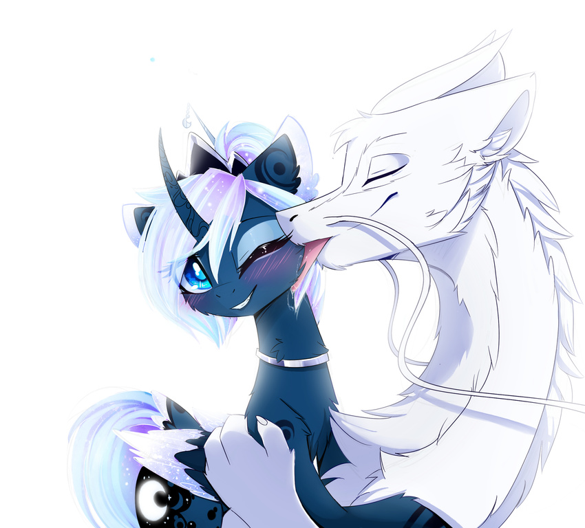 blue_eyes blue_fur cutie_mark dragon duo equine eyelashes eyes_closed feathered_wings feathers female feral friendship_is_magic fur hair horn licking magnaluna male mammal my_little_pony one_eye_closed princess_luna_(mlp) simple_background smile standing tongue tongue_out white_background white_fur white_hair winged_unicorn wings
