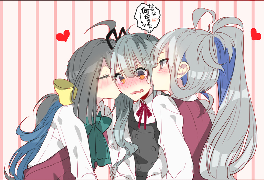 ahoge aqua_neckwear asashimo_(kantai_collection) bangs black_dress black_ribbon blush bow brown_eyes cheek_kiss closed_eyes double_cheek_kiss dress dress_shirt embarrassed eyebrows_visible_through_hair fang girl_sandwich grey_eyes grey_hair hair_bow hair_ribbon heart kantai_collection kasumi_(kantai_collection) kiss kiyoshimo_(kantai_collection) long_hair multiple_girls neck_ribbon nose_blush open_mouth ponytail red_dress red_ribbon remodel_(kantai_collection) ribbon sandwiched shirt side_ponytail spoken_blush striped striped_background thought_bubble translation_request upper_body vertical-striped_background vertical_stripes yakusuke yuri