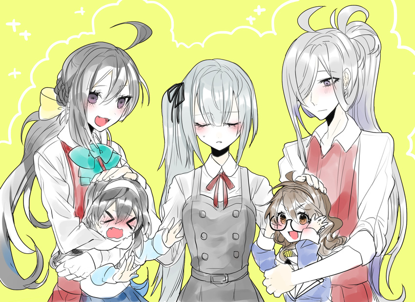 &gt;_&lt; ahoge asashimo_(kantai_collection) ashigara_(kantai_collection) bespectacled black_dress blush borrowed_garments braid brown_eyes brown_hair child closed_eyes dress dress_shirt eyewear_switch fang french_braid glasses grey_hair hair_ribbon hand_on_another's_head kantai_collection kasumi_(kantai_collection) kiyoshimo_(kantai_collection) multiple_girls older ooyodo_(kantai_collection) open_mouth pinafore_dress ponytail red_dress remodel_(kantai_collection) ribbon role_reversal shirt side_ponytail skirt sleeves_pushed_up smile yakusuke younger