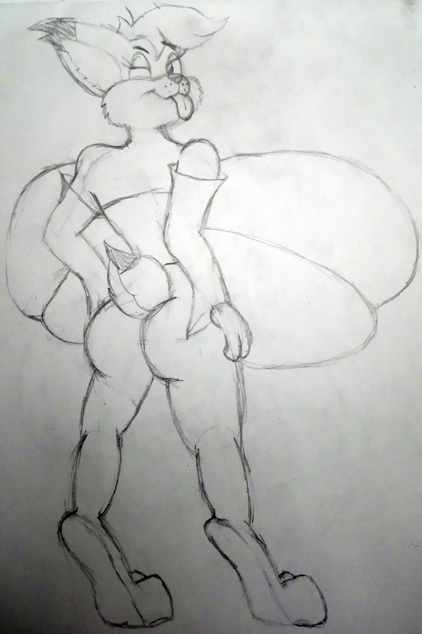 2018 anthro big_breasts breasts bubsy bubsy_(series) clothing feline huge_breasts hyper hyper_breasts looking_at_viewer mammal one_eye_closed rear_view shirt tails-zet tongue tongue_out video_games wink