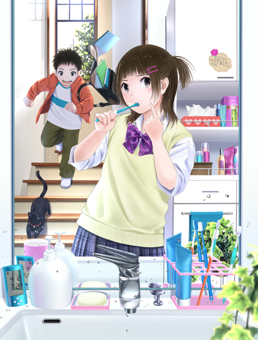 1girl :d backpack bad_id bad_pixiv_id bag bangs bathroom bell bell_collar black_cat black_eyes black_hair blue_skirt blunt_bangs blurry bottle bow bowtie brother_and_sister brown_hair brushing_teeth cat clenched_hands clock collar collared_shirt commentary_request depth_of_field digital_clock faucet green_pants half_updo head_tilt heart heart_print highres holding hood hood_down hooded_jacket jacket jingle_bell leaning_to_the_side leg_up long_sleeves mirror notebook number open_clothes open_jacket open_mouth open_window original pants pimple plant pleated_skirt pointing ponytail power_lines purple_bow purple_neckwear reflection running school_uniform shirt short_hair short_ponytail siblings sink skirt smile soap spiked_hair stairs striped striped_bow striped_neckwear sweater_vest taka_(tsmix) tissue tissue_box towel tree vines water_drop white_legwear white_shirt window wings