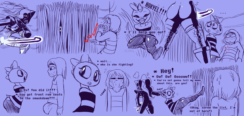 armor big_butt blush breasts bulge butt digital_media_(artwork) female human male mammal monster_kid nokyel_(under(her)tail) sweat text thewill under(her)tail undertale undyne video_games