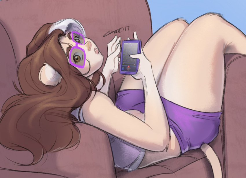 2017 anthro brown_hair clothed clothing dandee_(character) digital_drawing_(artwork) digital_media_(artwork) eyewear feline female fur glasses hair holding_object holding_phone lion long_hair looking_at_viewer luxarts lying mammal phone sofa solo tan_fur tongue tongue_out white_lion wide_hips