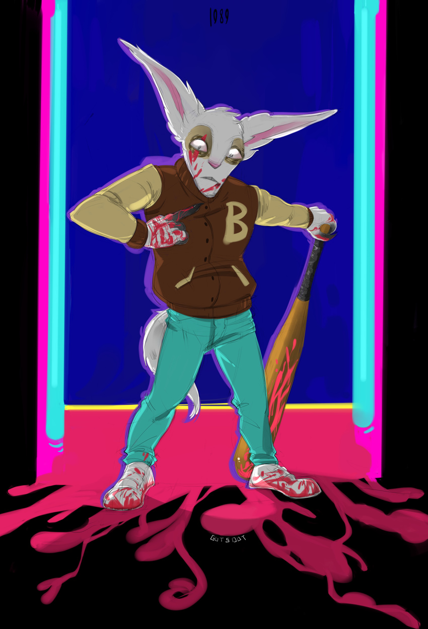 baseball_bat blood cmsux male meepo_the_geomancer solo traditional_media_(artwork) varsity_jacket