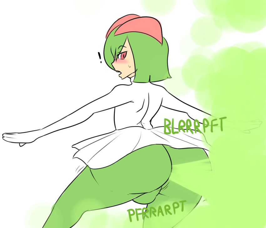 ! big_butt blush butt fart fart_fetish green_hair hair kirlia male nintendo octoboy open_mouth pok&eacute;mon red_eyes sweat text video_games