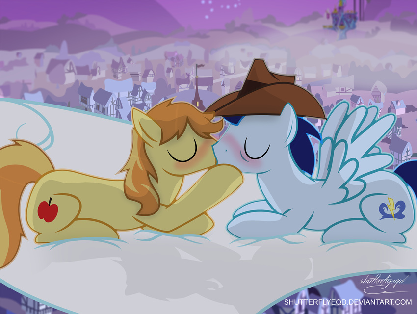 2017 blue_hair blush braeburn_(mlp) building castle cloud cutie_mark duo earth_pony equine eyes_closed feathered_wings feathers feral friendship_is_magic fur grey_feathers grey_fur hair hat horn horse house kissing landscape male mammal mountain multicolored_hair my_little_pony outside pegasus pony ponyville shutterflyeqd sky soarin_(mlp) town wings wonderbolts_(mlp) yellow_fur