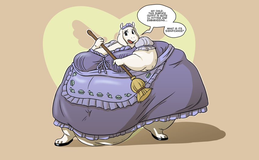 big_breasts bonusart boss_monster breasts broom caprine clothed clothing dialogue english_text female fur goat long_ears maid_uniform mammal mature_female monster mother open_mouth overweight parent text thick_thighs toriel undertale uniform video_games white_fur wide_hips