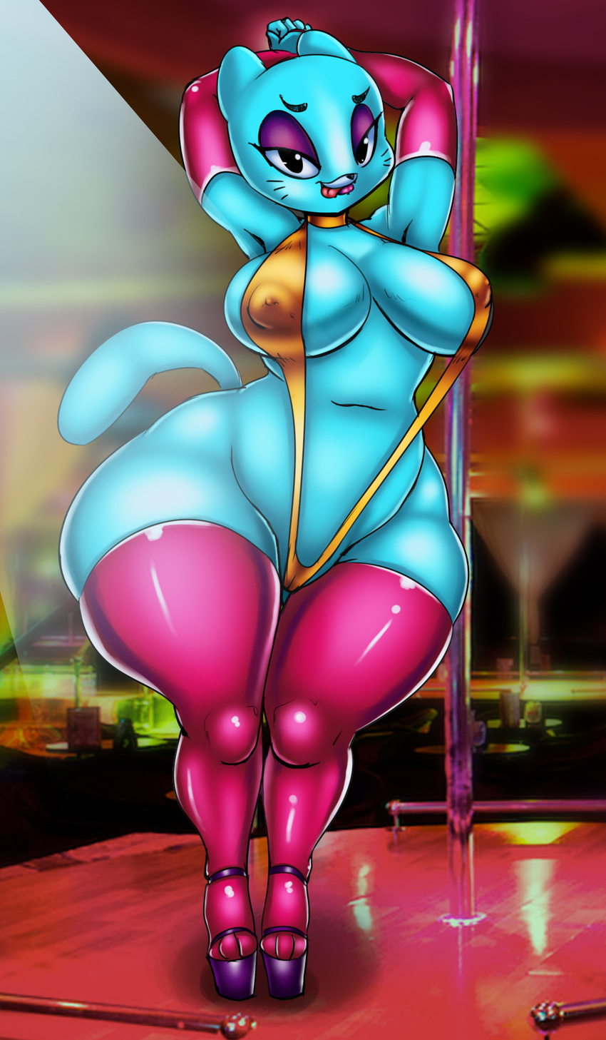 anthro big_breasts bikini breasts camel_toe cartoon_network clothed clothing feline female gloves legwear looking_at_viewer mammal nicole_watterson pole pose seductive_look skimpy slightly_chubby stockings stripper_pole swimsuit the_amazing_world_of_gumball thecon tongue