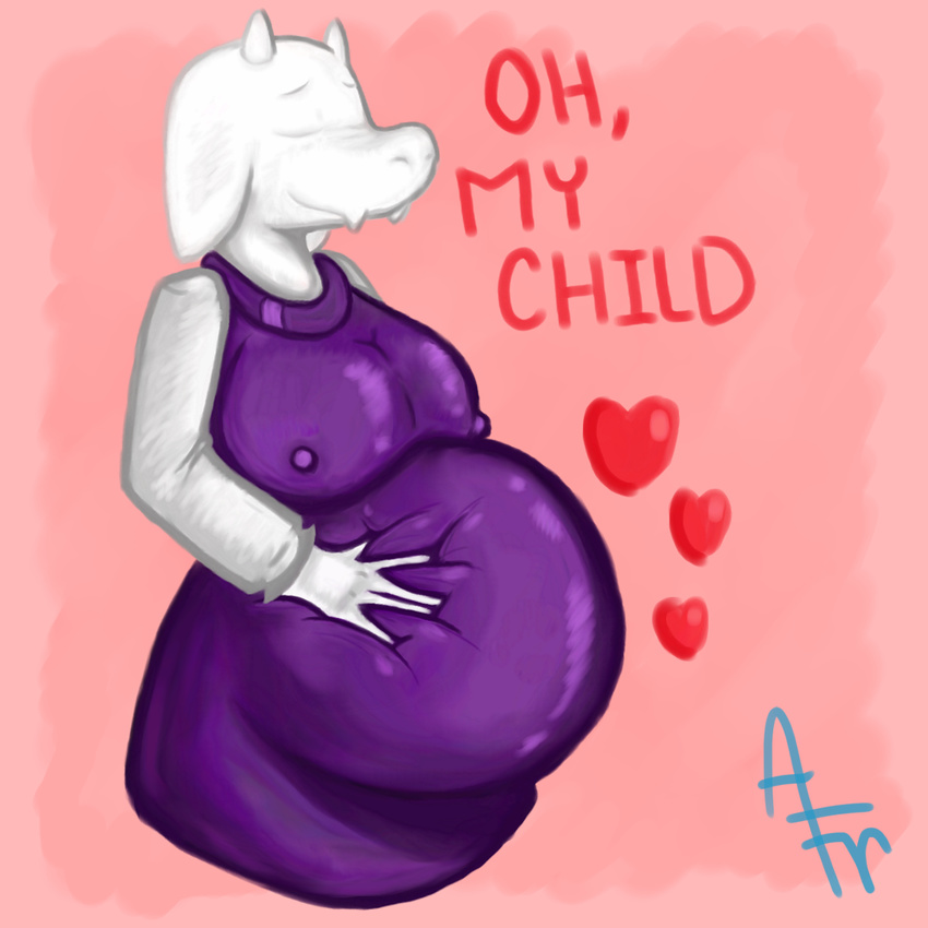 &lt;3 arfraart belly big_belly clothed clothing dialogue english_text eyes_closed female fur hand_on_stomach invalid_tag mature_female mother nipples parent robes signature text toriel undertale video_games vore white_fur