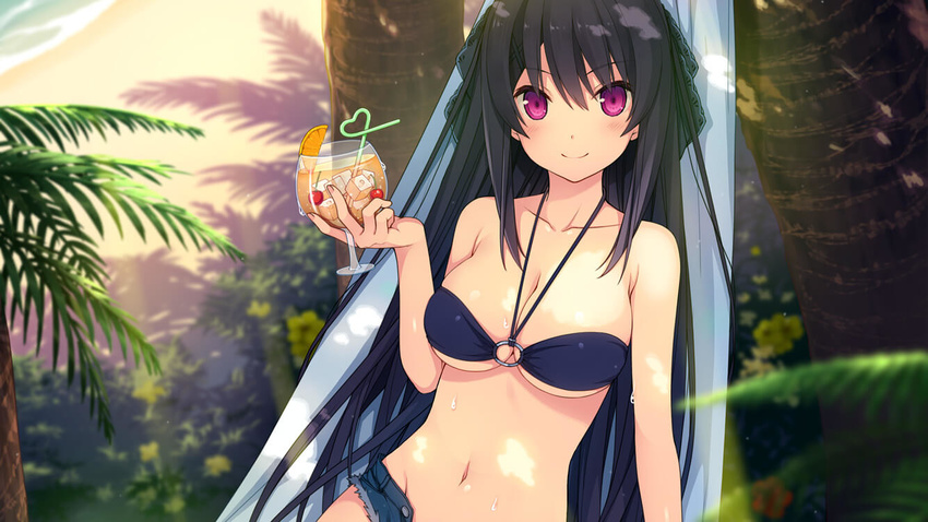 1girl akinashi_yuu ao_no_kanata_no_four_rhythm ao_no_kanata_no_four_rhythm_-es- bare_arms bare_shoulders beach bikini bikini_top black_hair blush breasts cleavage collarbone cup drink game_cg highres holding large_breasts long_hair looking_at_viewer navel outdoors palm_tree pink_eyes sand short_shorts shorts smile solo suzumori tobisawa_misaki