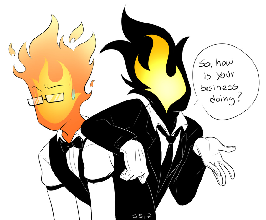 2017 bow_tie clothed clothing cubic-watermelon dialogue digital_media_(artwork) duo english_text eyewear fire glasses grillby male mr._curry simple_background suit surprise text undertale video_games white_background