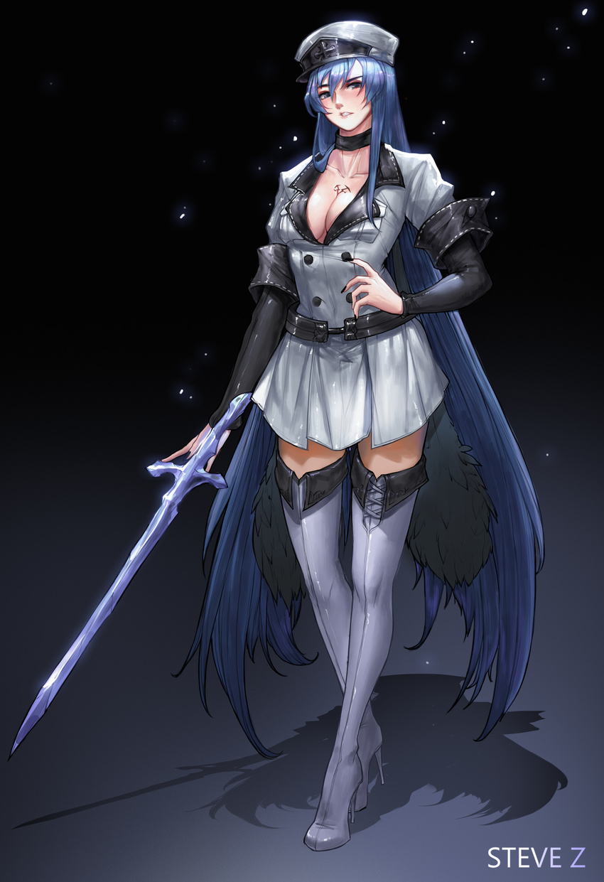 absurdres akame_ga_kill! artist_name bangs black_background black_nails blue_eyes blue_hair blush boots breasts chest_tattoo choker cleavage clenched_teeth coat collarbone cross-laced_footwear crystal_sword esdeath fingernails full_body gradient gradient_background hair_between_eyes hand_on_hip hat high_heel_boots high_heels highres ice large_breasts legs light_particles lips long_hair long_sleeves looking_at_viewer military military_uniform nail_polish peaked_cap pink_lips shadow skirt solo standing steve_zheng sword tattoo teeth thigh_boots thighhighs uniform very_long_hair weapon white_footwear white_legwear zettai_ryouiki