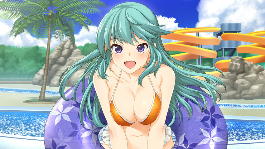 1girl akinashi_yuu ao_no_kanata_no_four_rhythm ao_no_kanata_no_four_rhythm_-es- bare_arms bare_shoulders bikini blush breast_squeeze breasts cleavage clouds day floating_hair game_cg green_hair happy highres innertube large_breasts leaning_forward long_hair looking_at_viewer navel open_mouth outdoors palm_tree pool purple_eyes sky smile solo standing suzumori swimsuit upper_body water