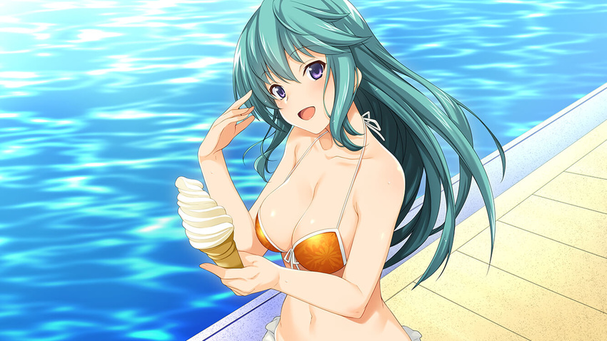 1girl akinashi_yuu ao_no_kanata_no_four_rhythm ao_no_kanata_no_four_rhythm_-es- bare_arms bare_shoulders bikini bikini_top blush breasts cleavage floating_hair game_cg green_hair happy highres holding ice_cream large_breasts long_hair open_mouth orange_bikini outdoors pool purple_eyes smile solo suzumori swimsuit upper_body water