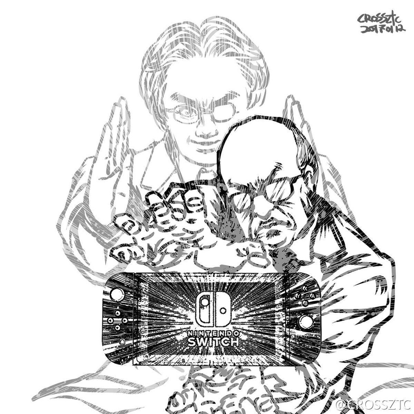&gt;:( &gt;:) 2boys artist_name balding crossztc dated dragon_ball dragon_ball_z emphasis_lines formal frown glasses greyscale handheld_game_console highres iwata_satoru joy-con kamehameha kimishima_tatsumi looking_at_viewer male_focus monochrome multiple_boys nintendo nintendo_switch parody pose projected_inset real_life_insert smile suit twitter_username v-shaped_eyebrows