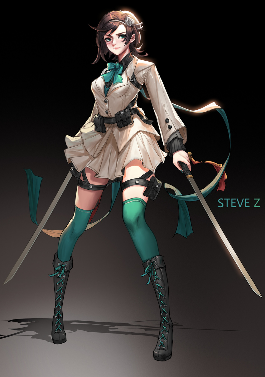 7th_dragon_(series) 7th_dragon_iii absurdres aqua_legwear artist_name bangs bell belt belt_pouch black_footwear black_shirt boots bow bowtie brown_hair buttons closed_mouth collared_shirt cross-laced_footwear dress_shirt dual_wielding fingernails flower full_body gradient gradient_background green_bow green_eyes green_legwear green_nails green_neckwear green_ribbon hair_flower hair_ornament hairband high_heels highres holding holding_sword holding_weapon holster jacket jingle_bell katana knee_boots lace-up_boots legs_apart lips long_sleeves looking_to_the_side nail_polish nose pink_lips pleated_skirt pouch ribbon rose samurai_(7th_dragon_iii) school_uniform shadow sheath shirt short_hair skirt skirt_set smile solo standing steve_zheng sword thigh_holster thigh_strap thighhighs unsheathed weapon white_flower white_rose